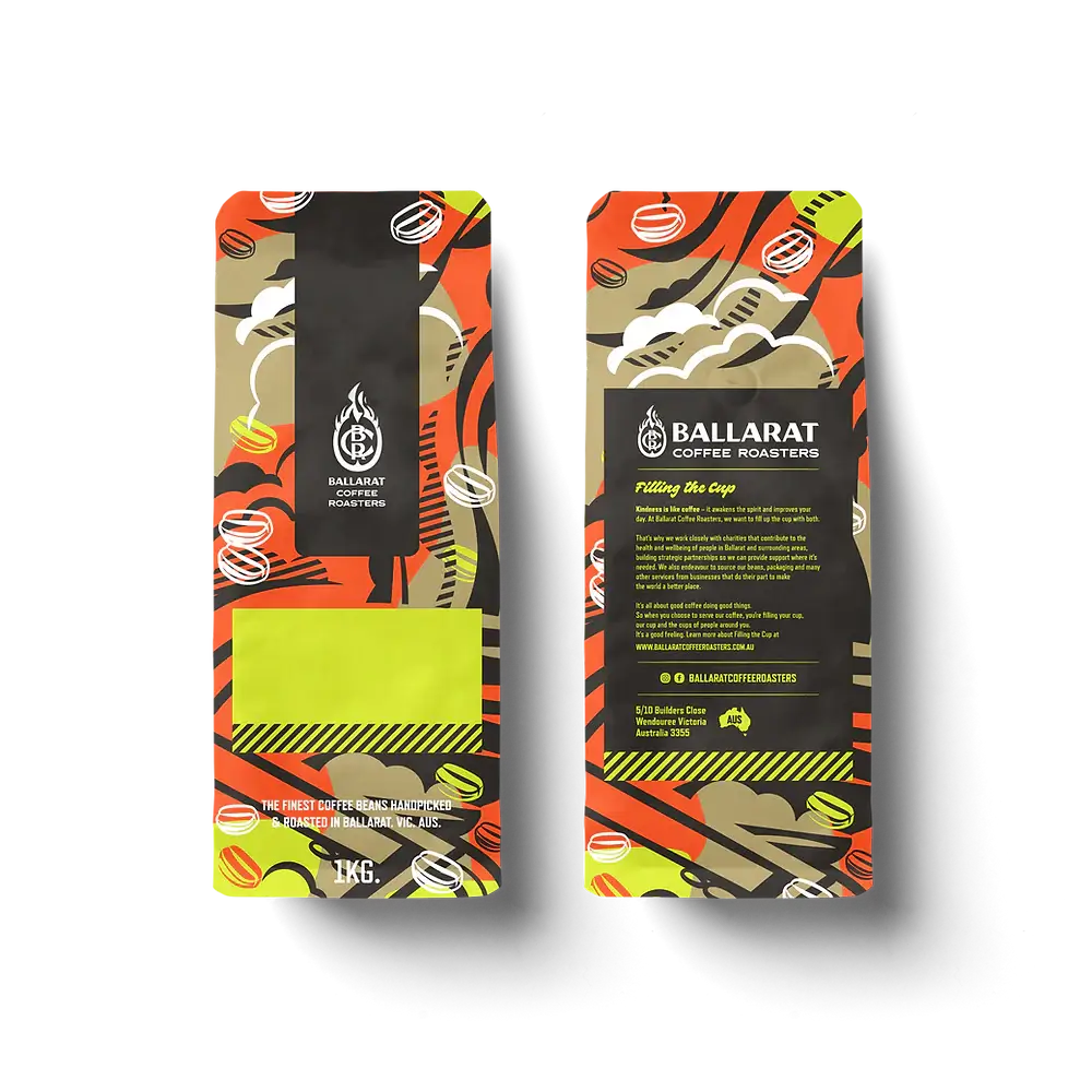 Bag of Ballarat Coffee Roasters Dark Roast Arabica beans 1kg with vibrant packaging and detailed product information.